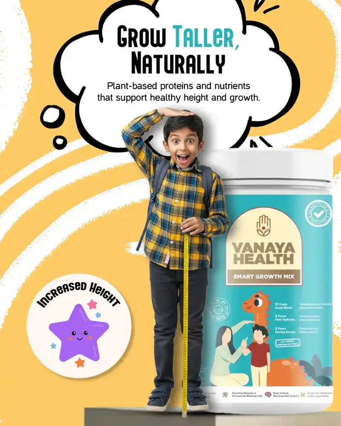 Promotional image of Vanaya Health smart growth mix with a child and measurement elements on a yellow background.