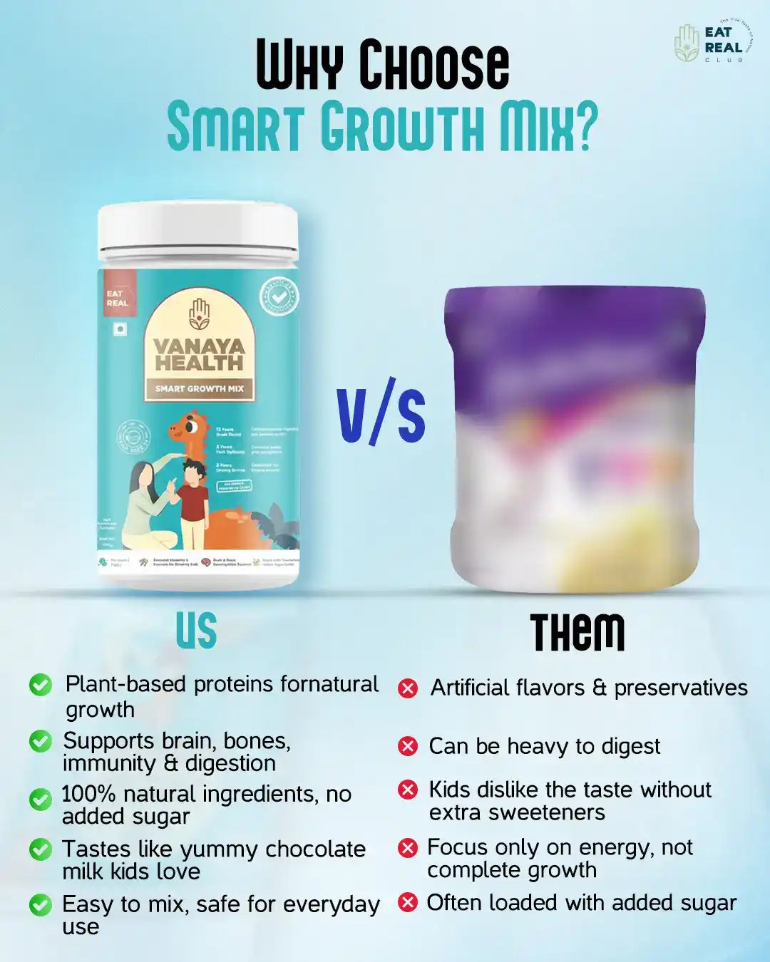 Comparison chart between Vanaya Health Smart Growth Mix and another product on a blue background.