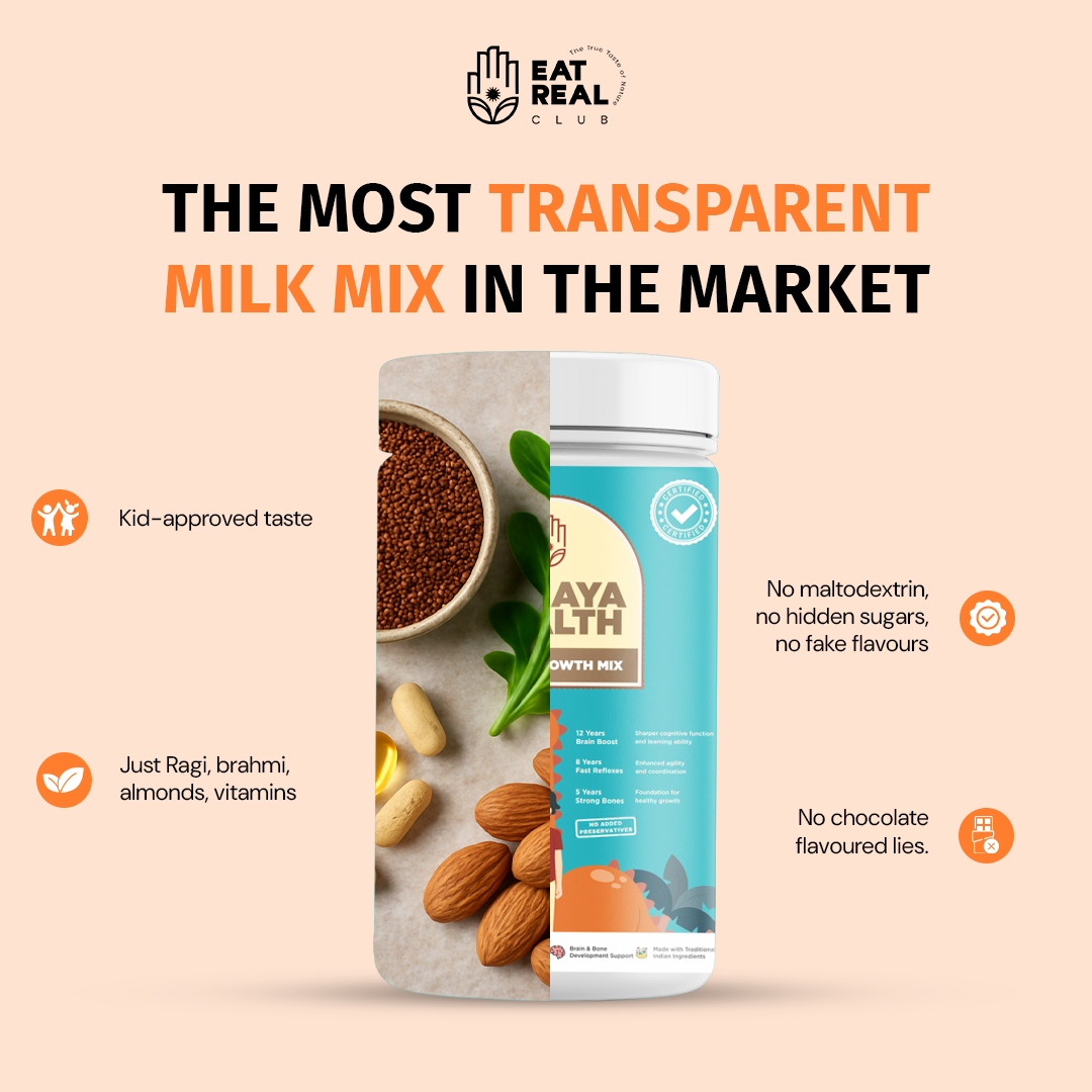 Ayalth growth mix packaging with ingredients on a beige background, featuring the Eat Real Club brand.