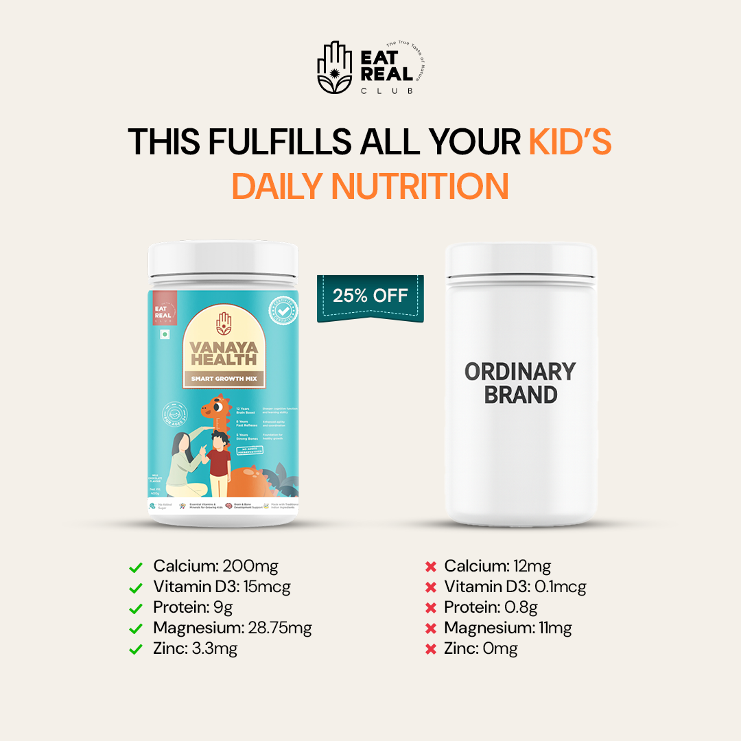 Comparison of Vanaya Health product with an 'Ordinary Brand' on a light background, highlighting nutritional benefits.