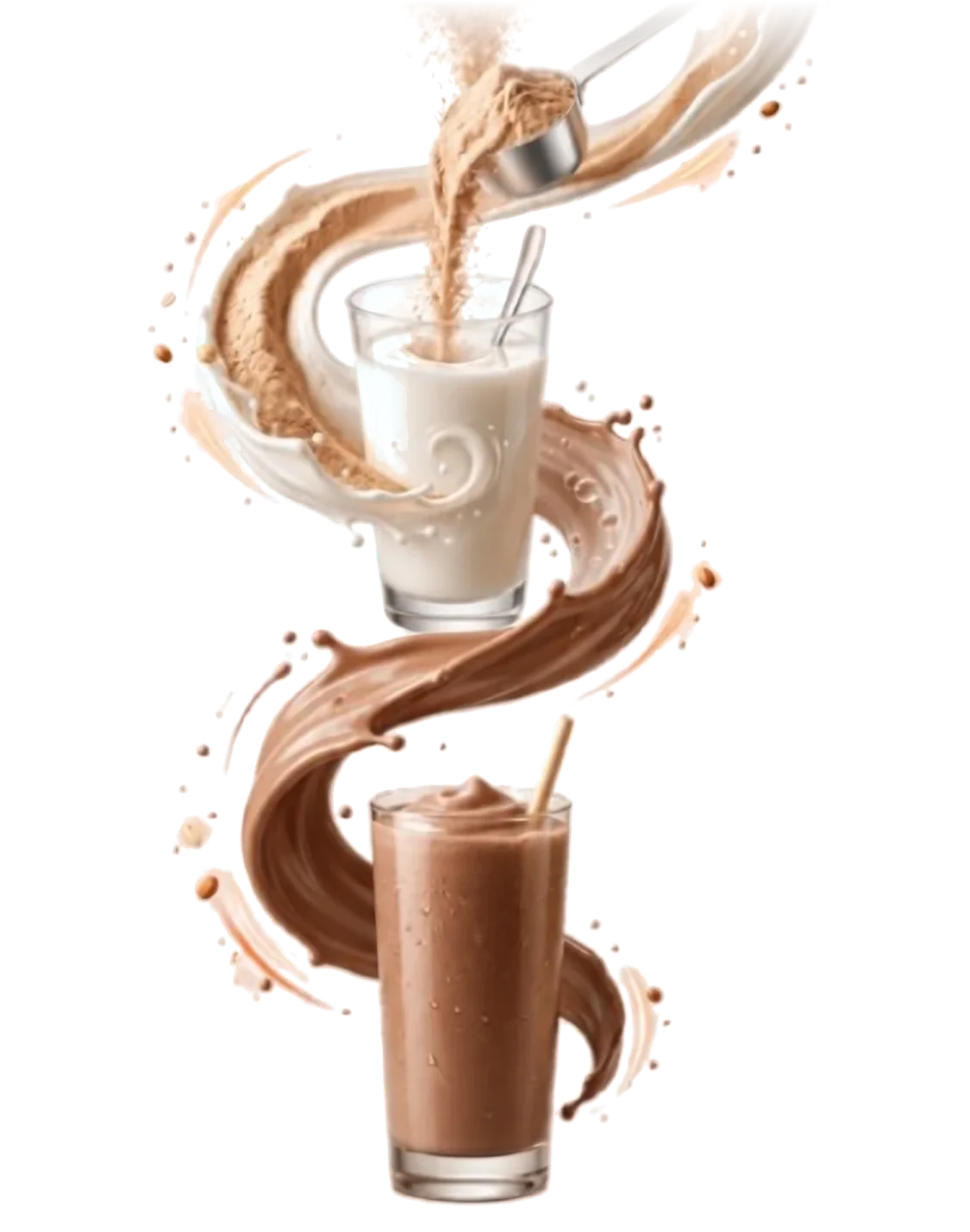 A scoop of Smart Growth Mix Plus going into a glass of milk, stirred into a finished chocolate drink