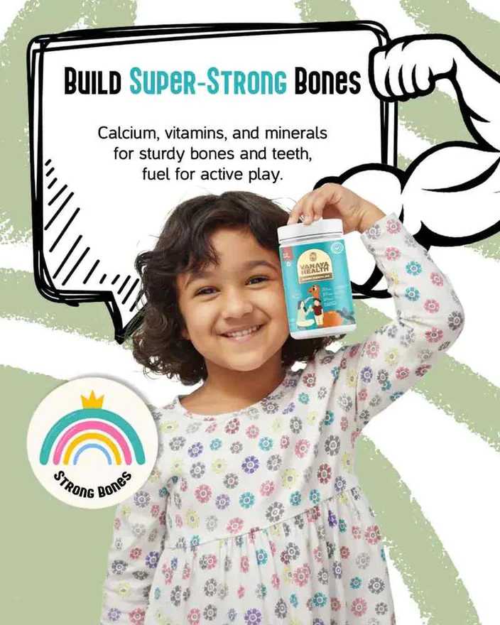 Child holding a supplement container with text about building strong bones on a green background