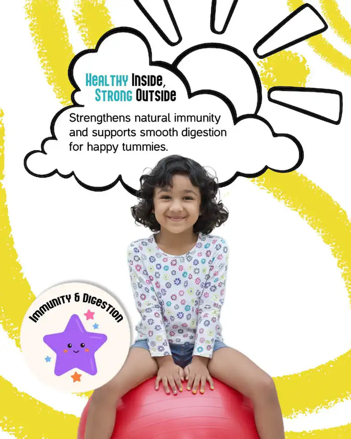 Child sitting on a red ball with promotional text about natural immunity and digestion on a yellow and white background