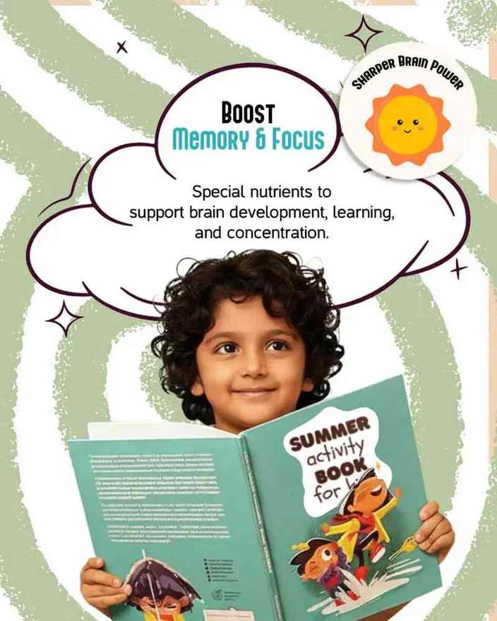 Child holding a book with text about boosting memory and focus, featuring a brand logo.