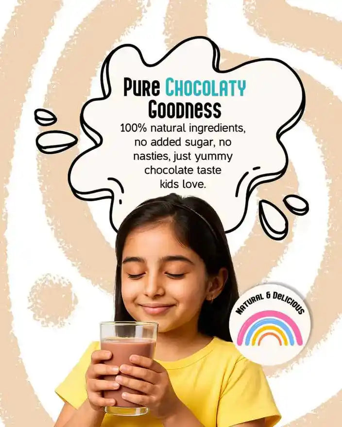 Child holding a glass of chocolate drink with promotional text about product ingredients and flavor.