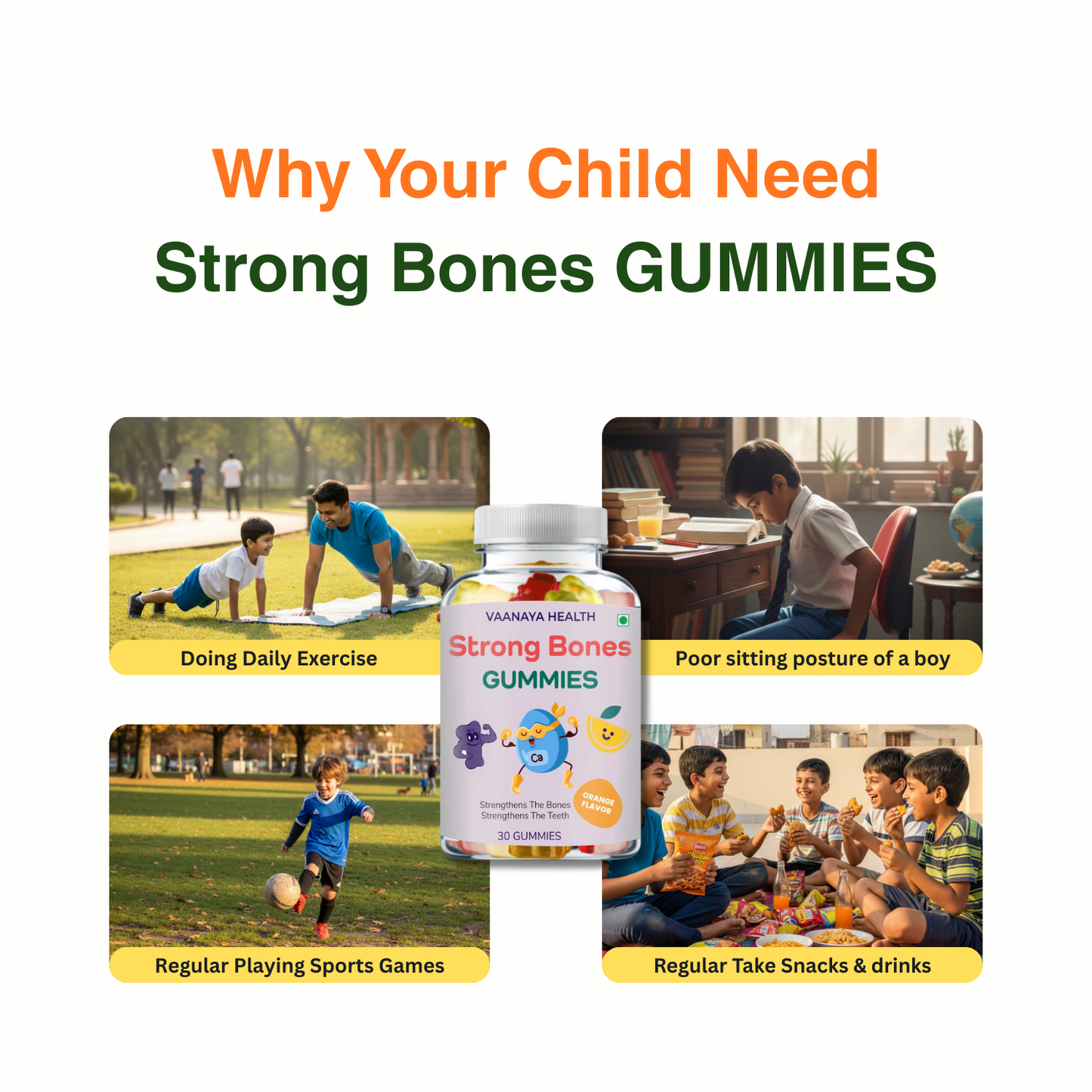 Bone Strength Gummies – Kids’ Daily Calcium & Vitamin D for Stronger Bones (105g)