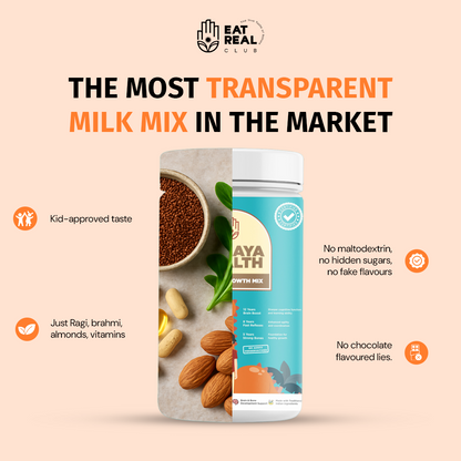 Ayalth growth mix packaging with ingredients on a beige background, featuring the Eat Real Club brand.