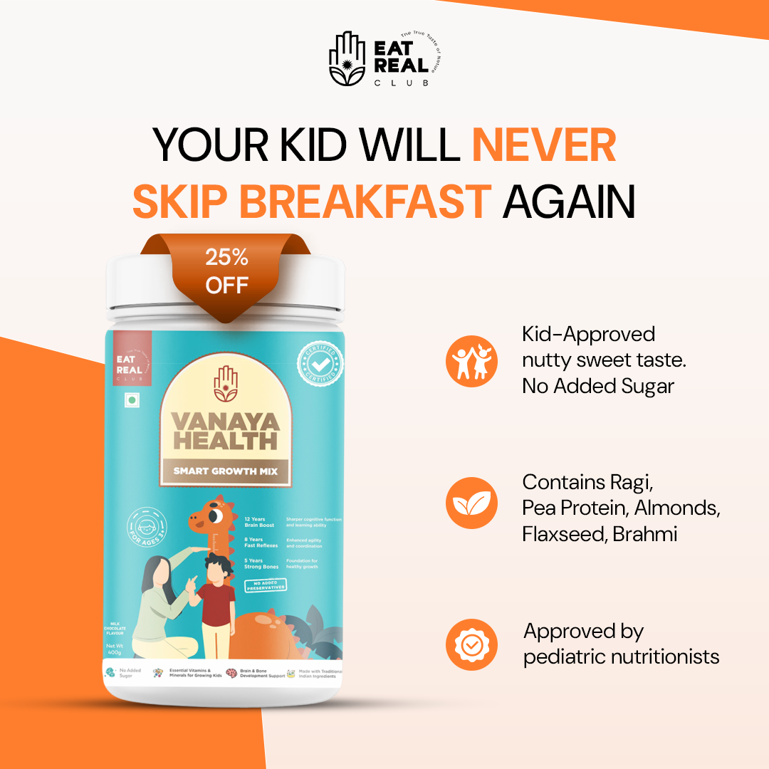 Vanaya Health smart growth mix packaging with promotional text on a white and orange background