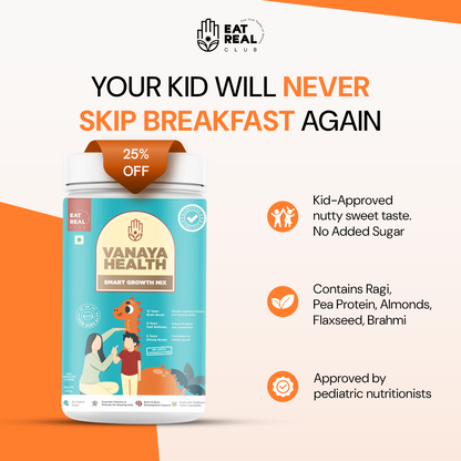 Vanaya Health smart growth mix packaging with promotional text on a white and orange background