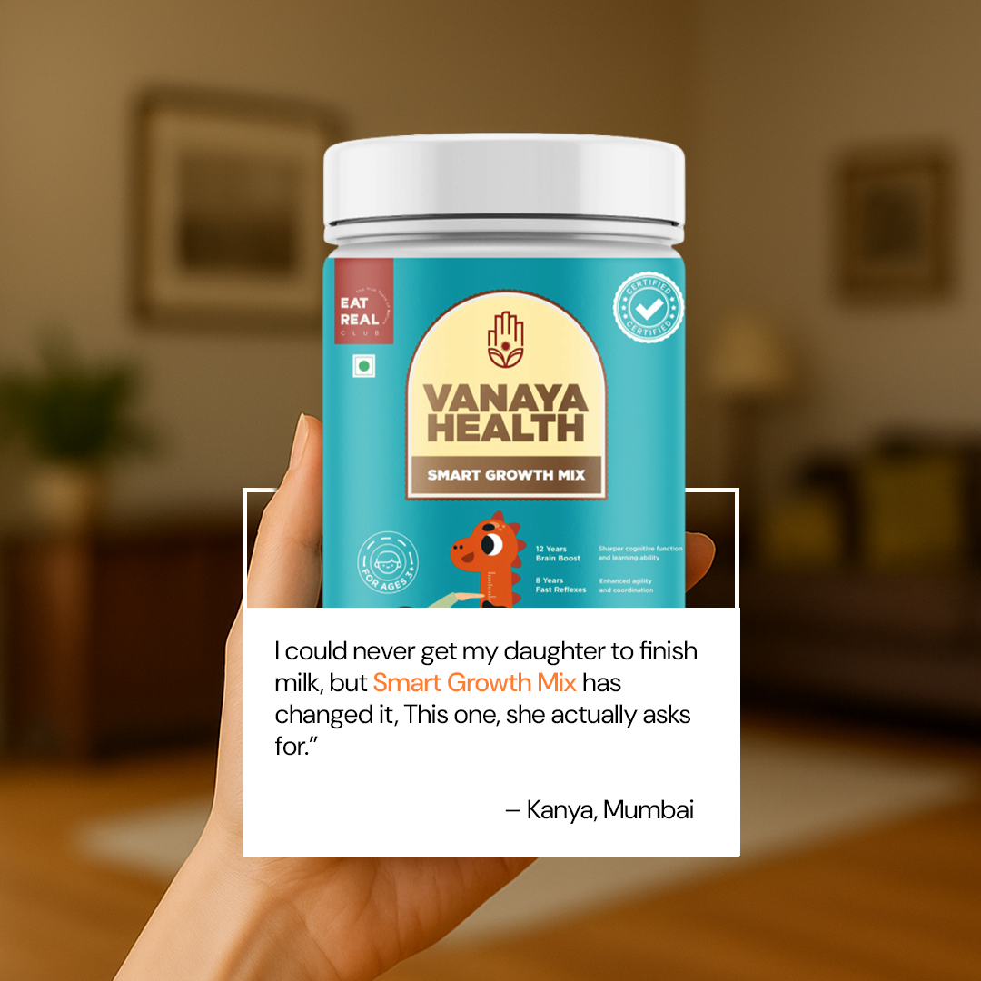 Vanaya Health Smart Growth Mix container held in a hand with a quote from a customer.
