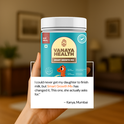 Vanaya Health Smart Growth Mix container held in a hand with a quote from a customer.