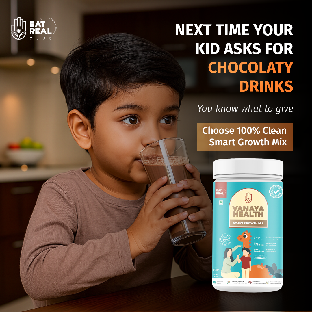 Child drinking chocolate milk with Vanaya Health product in the foreground