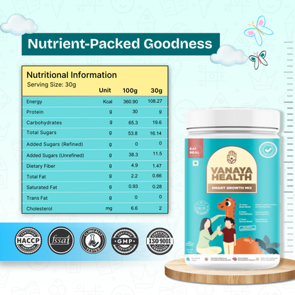 Vanaya Health smart growth mix container with nutritional information on a light blue background