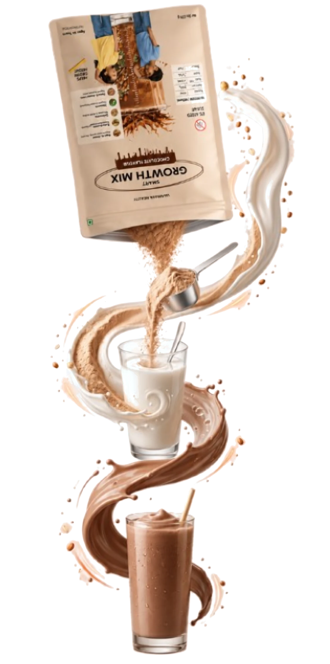 Smart Growth Mix pouring from the pouch into a glass of milk, stirred into a finished drink